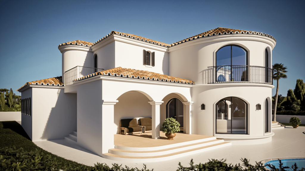 The image shows a Mediterranean-style villa with smooth white stucco walls and terracotta roof tiles. The house features multiple arched windows and doors, with one prominent rounded turret-like section that includes a balcony with wrought iron railings. The villa has a spacious outdoor patio area with steps leading up to it and is surrounded by greenery, including a few palm trees in the background. The overall design is elegant and luxurious, highlighting a blend of traditional Mediterranean and modern architectural elements