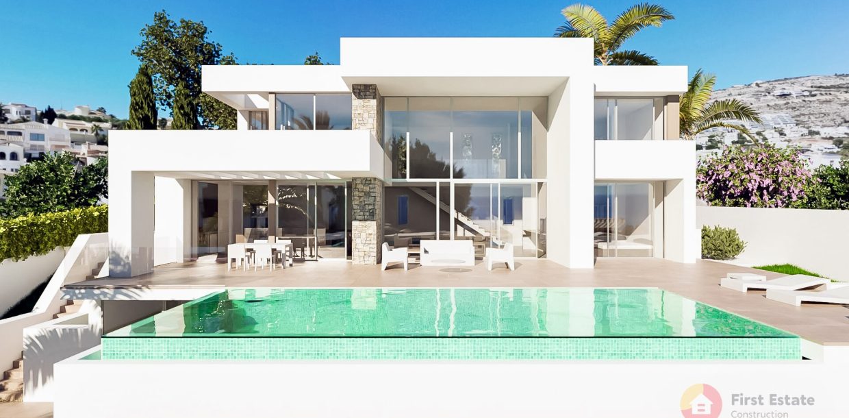 Under-construction two-story house near Moraira, featuring three bedrooms, two bathrooms, and stunning panoramic views, ideal for families and vacations in a popular Spanish region.