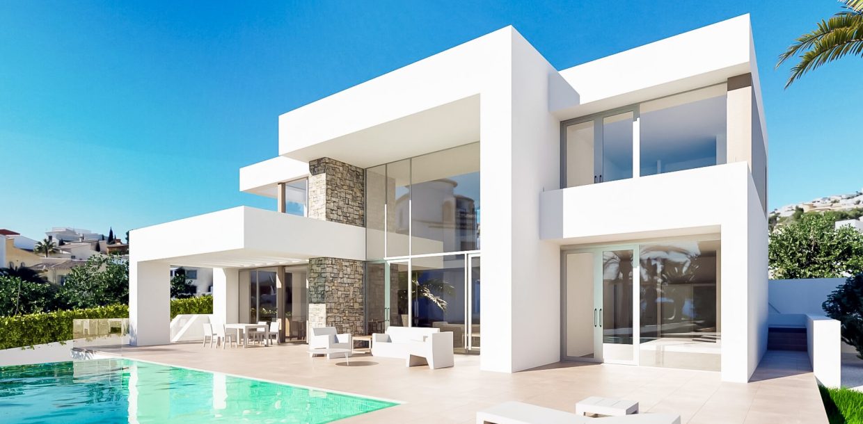 Under-construction two-story house near Moraira, featuring three bedrooms, two bathrooms, and stunning panoramic views, ideal for families and vacations in a popular Spanish region.