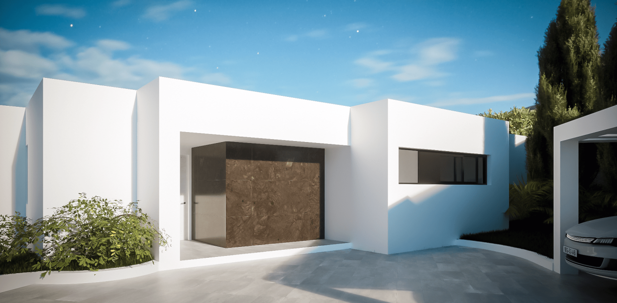 Under-construction single-story house near Moraira, featuring three bedrooms, two bathrooms, and stunning panoramic views, ideal for families and vacations in a popular Spanish region.