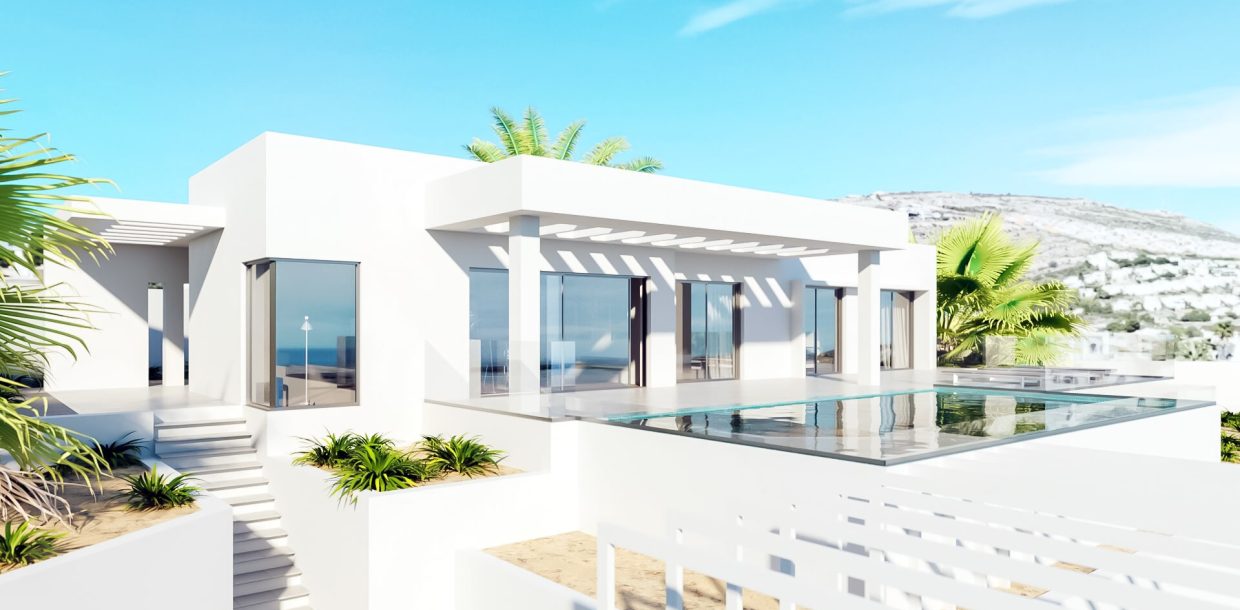 Under-construction single-story house near Moraira, featuring three bedrooms, two bathrooms, and stunning panoramic views, ideal for families and vacations in a popular Spanish region.