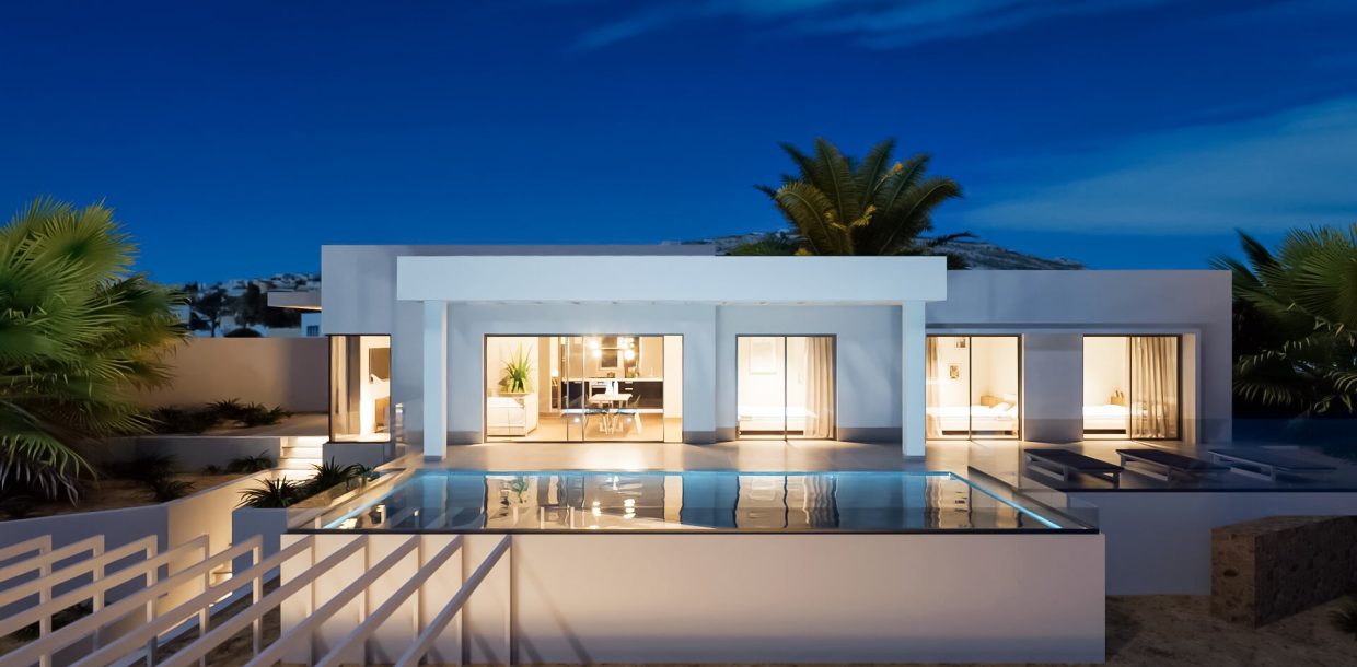 Under-construction two-story house near Moraira, featuring three bedrooms, two bathrooms, and stunning panoramic views, ideal for families and vacations in a popular Spanish region.