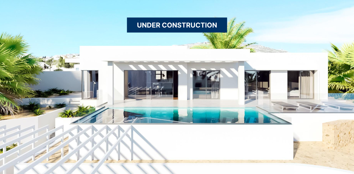 Under-construction single-story house near Moraira, featuring three bedrooms, two bathrooms, and stunning panoramic views, ideal for families and vacations in a popular Spanish region.
